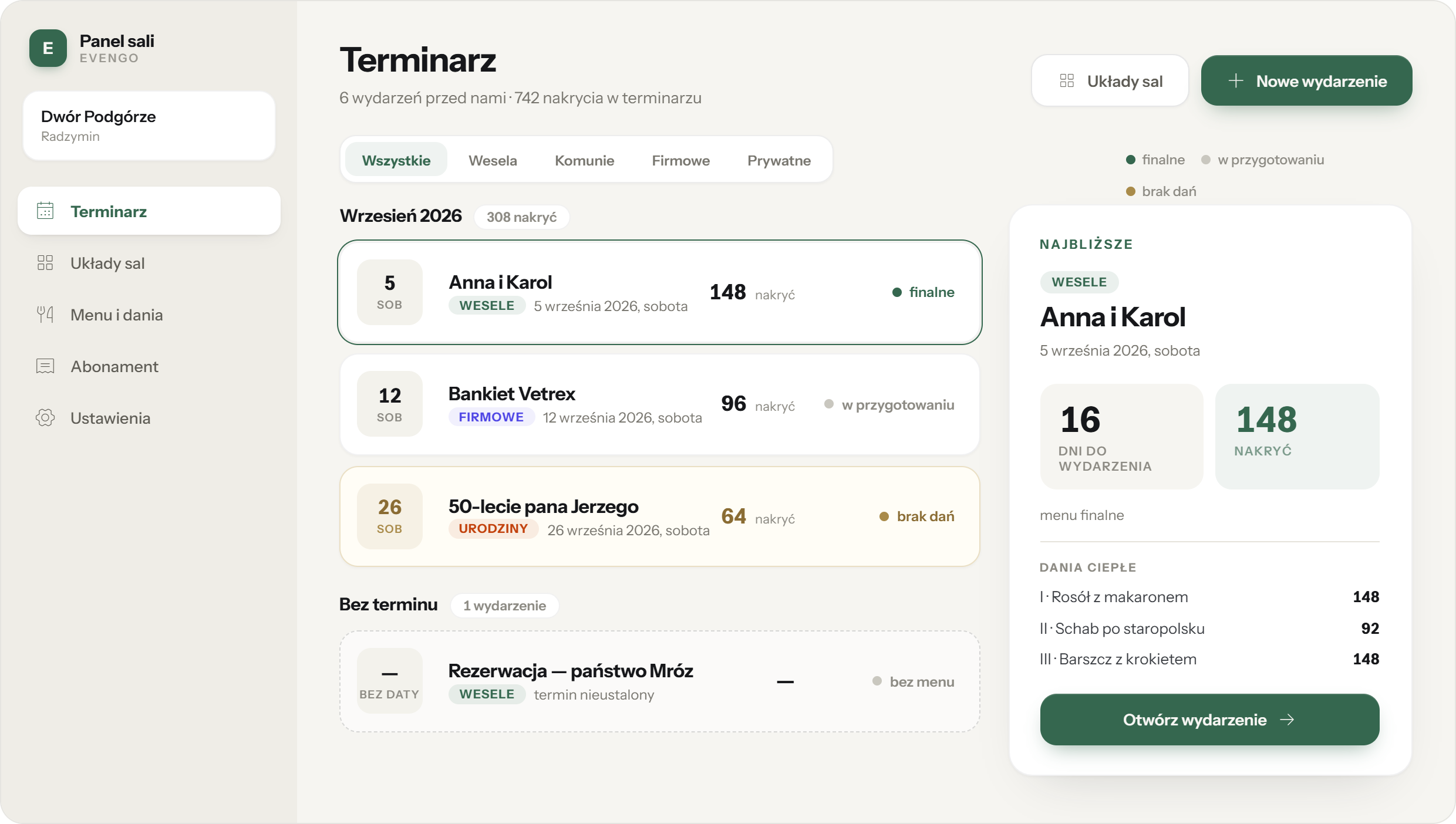 Panel Evengo — terminarz sali z listą wydarzeń i szyną najbliższego wydarzenia